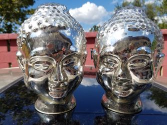 Estate Find Glass Mirror Buddha Bust Pair