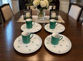 Vintage LaGardo Tackett for Schmid Porcelain Green Shamrock Coffee & Snack Set, 8 pc