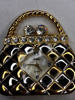 Novelty P.O.V. Ladies Purse Shaped Quartz Watch White MOP Face Rhinestones