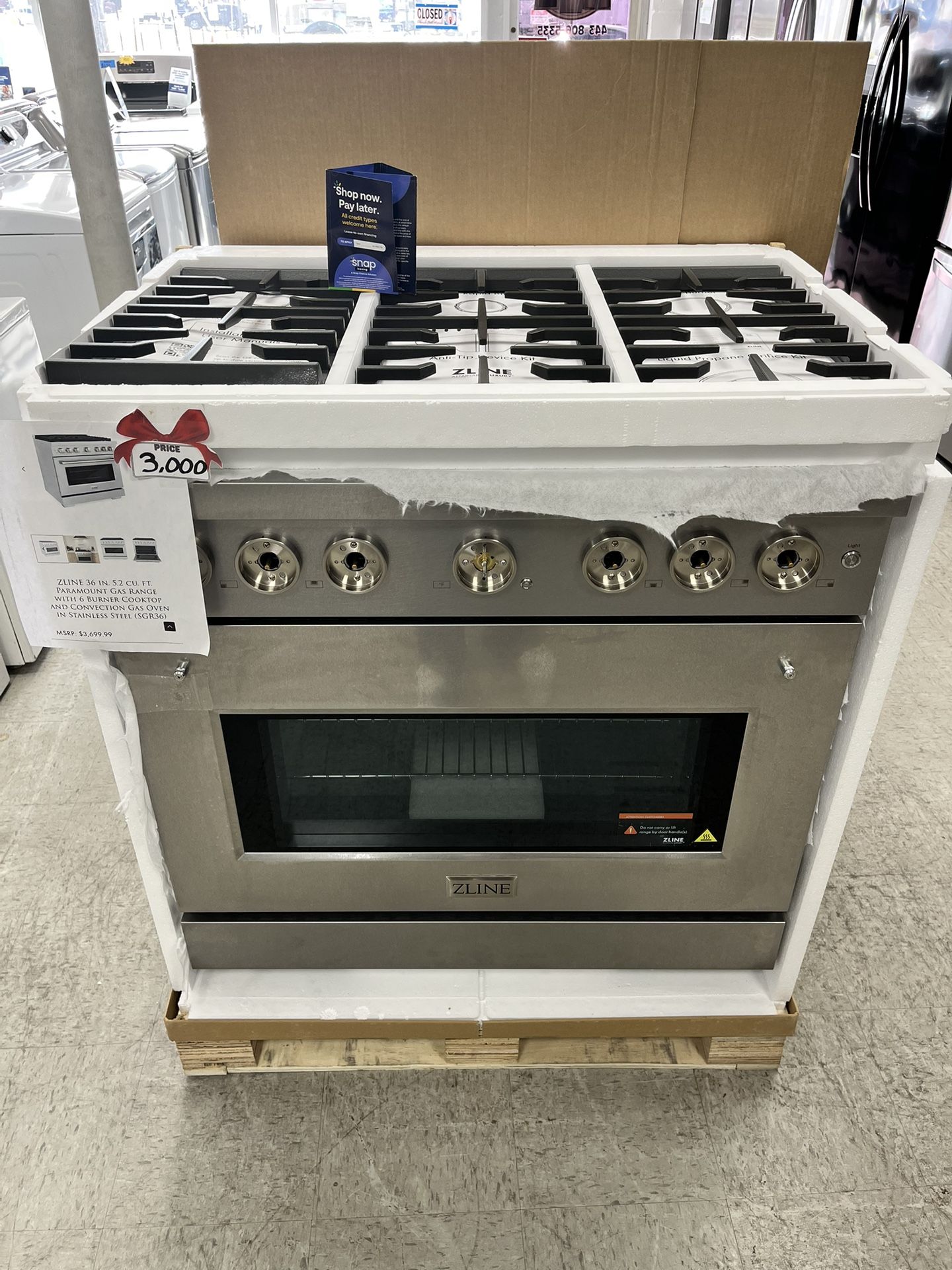 BRAND NEW ZLINE 36inch. 6 Burner CookTop With Convection Gas Oven Stainless Steel 