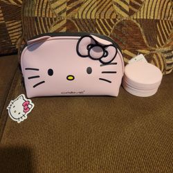Sanrio Hello Kitty Pink Dome Pouch Cosmetic Makeup Bag & Pink Circle Jewelry Travel Case 