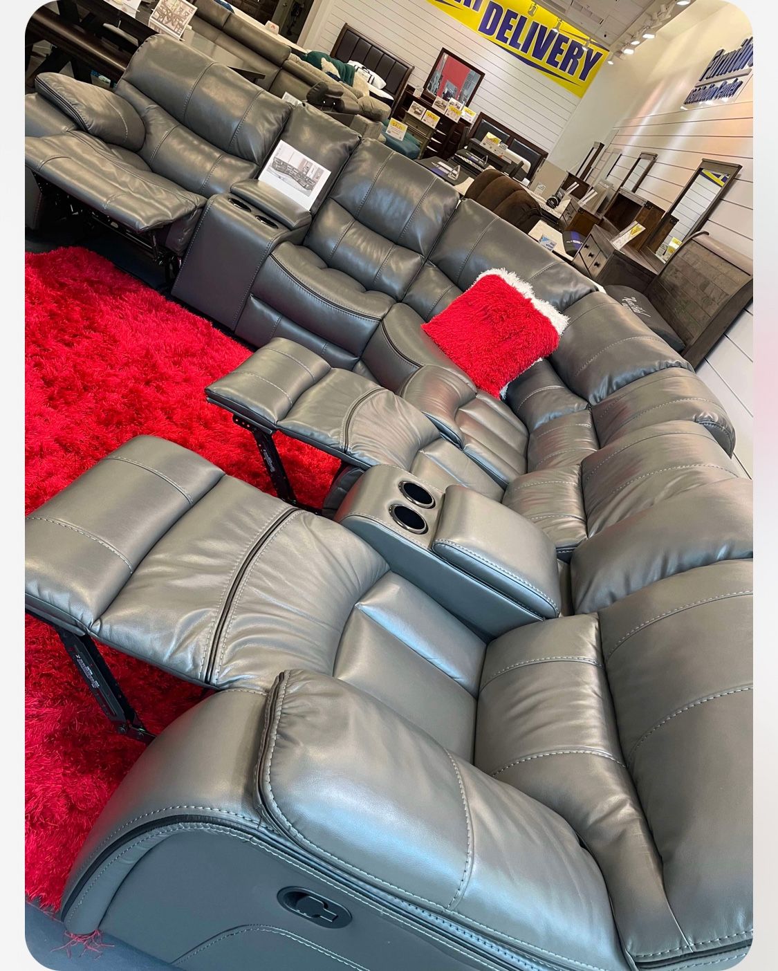 Fourth of July sale. Madrid gray leather reclining sectional now $1599. Easy finance option. Same day delivery.