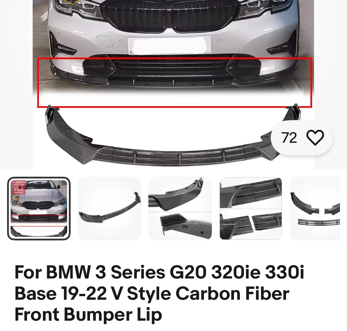 BMW 3 Series G20 320i/e 330i Base 19-22 V Style Gloss Black Front Bumper Lip