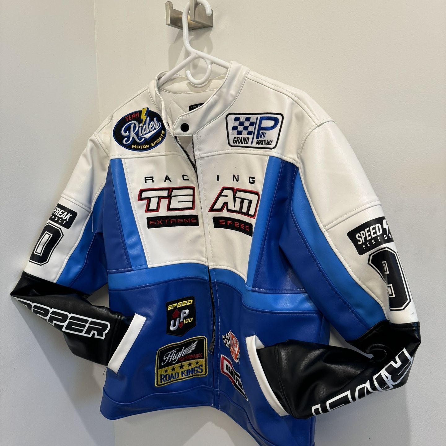 COPPER RIVET WHITE / BLUE MOTO RACING PU LEATHER JACKET for Sale 