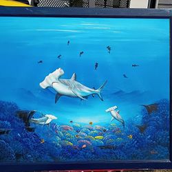 Hammerhead Sharks over Coral Reef original hand painted canvas