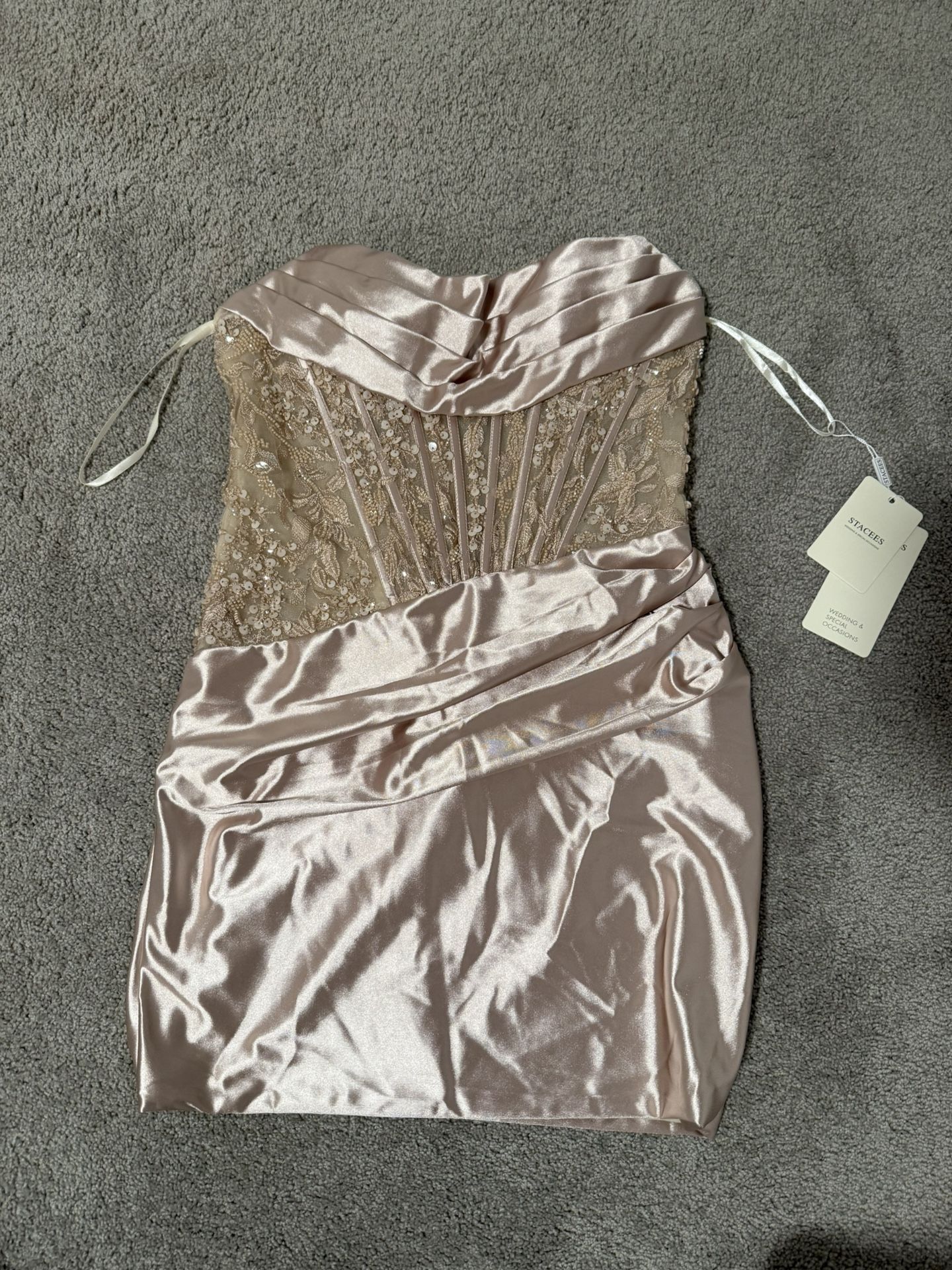 Strapless Fitted Dress with Lace Corset Bodice Ruched Skirt