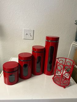 Red Kitchen Canister Set with Utensil Holder , and 2 bar stools