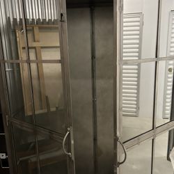 World Market Large Metal And Glass Doors Cabinet. 3 Wood Shelves. 