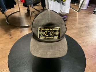 Chrome Hearts Hollywood Corduroy Trucker Hat Black Gold Embroidered Patch Gothic CH
