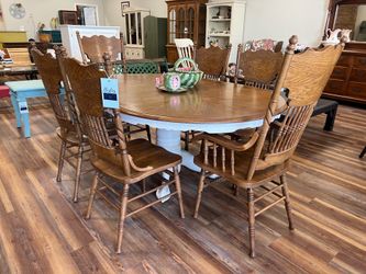 Dining Table, 6 Chairs + 1 Leaf, Wood Top, OId White