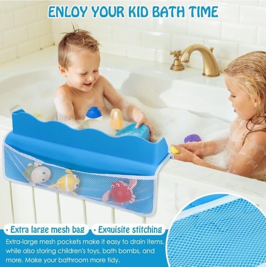 NEW! Bathtub Splash Guard Shelf, Silicone, Strong Suction Cups, Mesh Pockets, Blue (out of box)