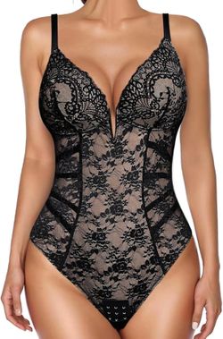 New LARGE Popilush Lace Body Suits Women Tummy Control Shapewear Bodysuit Deep V Neck Backless Corset Tops Thong Body Shaper
