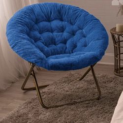 Saucer Chair For Adults, Teens & Kids, Royal Blue, Faux Fur XL Circle Chair for Bedroom, Dorm & Gaming, Foldable Comfy Accent Seat for Small Spaces, F