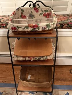 Longeberger wrought iron 3 tier rack with shelves and baskets and wood table