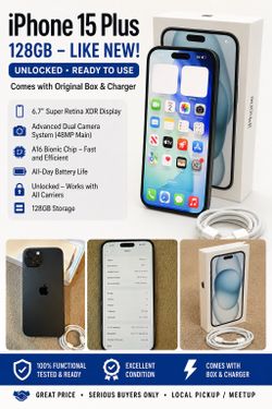 🔥 Unlocked iPhone 15 Plus 128GB Black | Physical SIM + eSIM | Box & Charger 🔥
