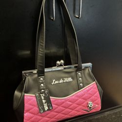 new lux de ville Black & Winkle Pink Sparkle Femme Fatale Kiss Lock handbag