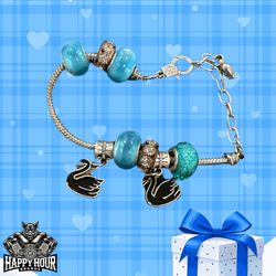 Birthstone Charm Bracelet Silvertone With Swans Great for Gift.