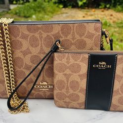 Coach Signature Brown and Black Women's Bag With Wristlet