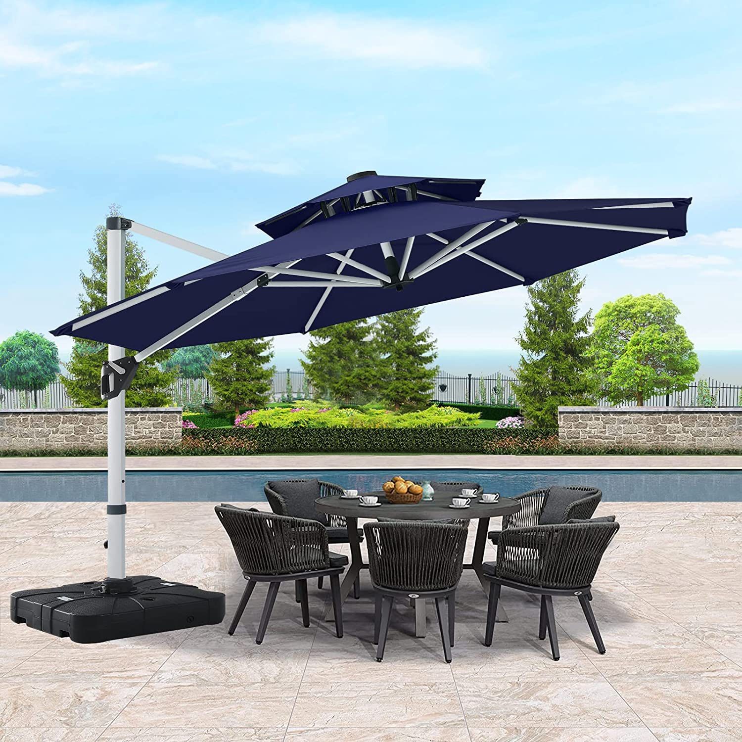 10ft tilt navy blue patio umbrella | Auto-Tilt, Fade-Proof, Wind Resistant | Commercial Grade | Sunbrella Dark and supported by a rust New 10ft Heavy Duty Luxury