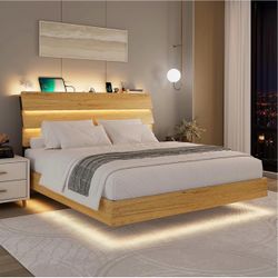 Floating Platform Bed Frame with LED Lights and Mattress