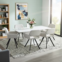 Homy Casa Quinby 7PC Dining Set 81” Extendable High Gloss Table with 6 California Swivel Beige Fabric Armchairs Modern Pedestal Base
