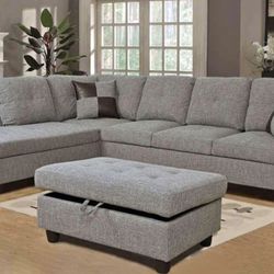 Gray Linen Sectional Couch And Storage Ottoman 