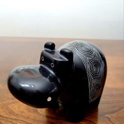 Beautiful Hand Carved Black Stone Hippo Figurine.  Heavy.  Good Condition. 