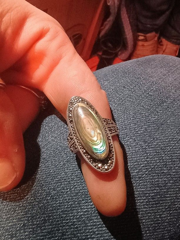 Late 20th Century Abalone & Markasite Sterling Silver Ring