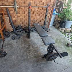 Adjustable Bench , Barbell , And Weights 