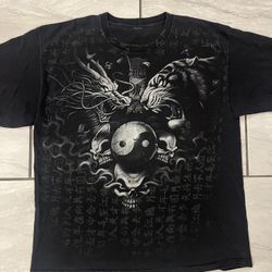 Vintage Dragon Vs Tiger Yin Yang Black T-Shirt  Skull Symbols Men’s Size XL Y2K