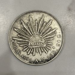 1891 Mo AM Mexico 8 Reales Silver Coin Cap & Rays República 8R
