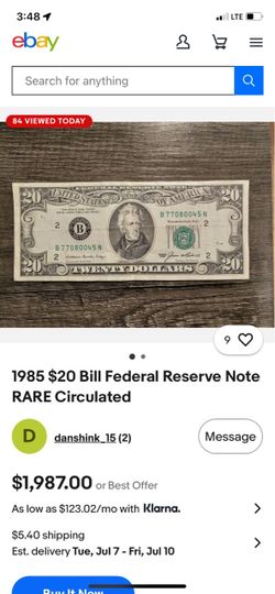 Year, 1985 $20 collectible note in good condition, asking for $45 price firm