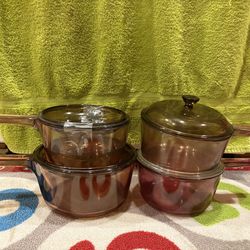 4 Visions Ware Corning Glass Sauce Pan Pot 1.5 L Amber Cookware USA Pyrex Lid