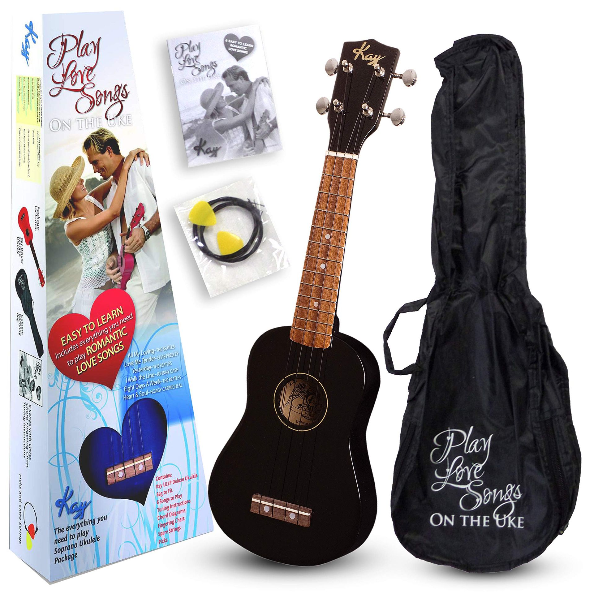 Deluxe Soprano Ukulele Package, 4-String, Right Handed, Jet Black, Includes 6 Love Songs & Chords for Uke  Learn To Play Love Songs $49.99