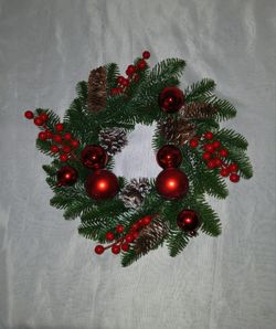 16" Wreath W/ Red Ornaments & Cherries, Snow Covered Pinecones