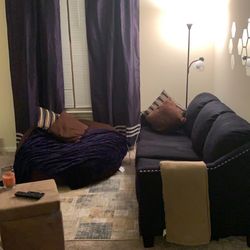 3 Seater Sofa, Fatboy Bean Bag Chair, And Blue Curtains