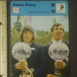 1977 Sportscaster Annemarie Moser-Proell Gustavo Thoeni World Cup Alpine Skiing Sports Photo Large Over-sized Card HTF Collectible Vintage 