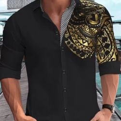 Men's New Stylish Button Down Dress Shirt with Gold Embroidery