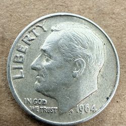 1964 President Roosevelt Dime. This coin has a composition of 90% silver, a denomination of 10 cents, and a fineness of 0.9. It was struck for circula