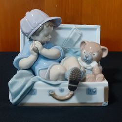 Lladro #6795 My Favorite Place Figurine Boy Suitcase Trunk Teddy Bear Toy Chest