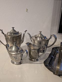 Vintage Hammered quad silver Derby  serving set Coffee, Tea Pot, Cream pitcher, Sugar pot, tray