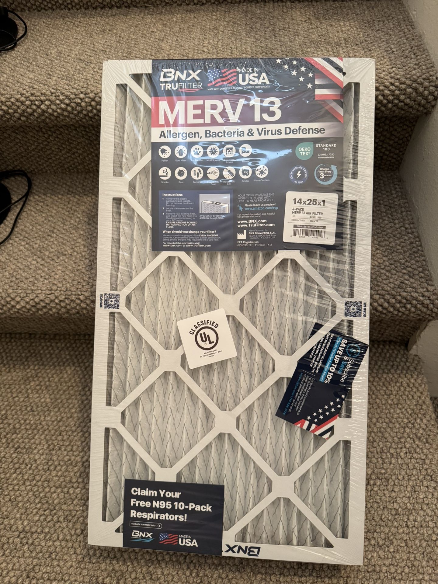 Furnace Filter BNX TruFilter 14x25x1 Air Filter MERV 13 (4-Pack) - MADE IN USA