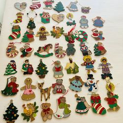 Vintage 48 Flat Wooden Christmas Ornaments Hand Painted Double Sided