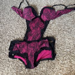 Pink And Black Lacey Teddy Lingerie