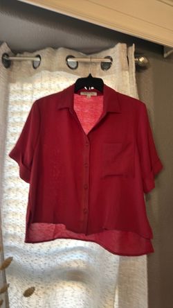 Red Button-Down Short Sleeve Blouse