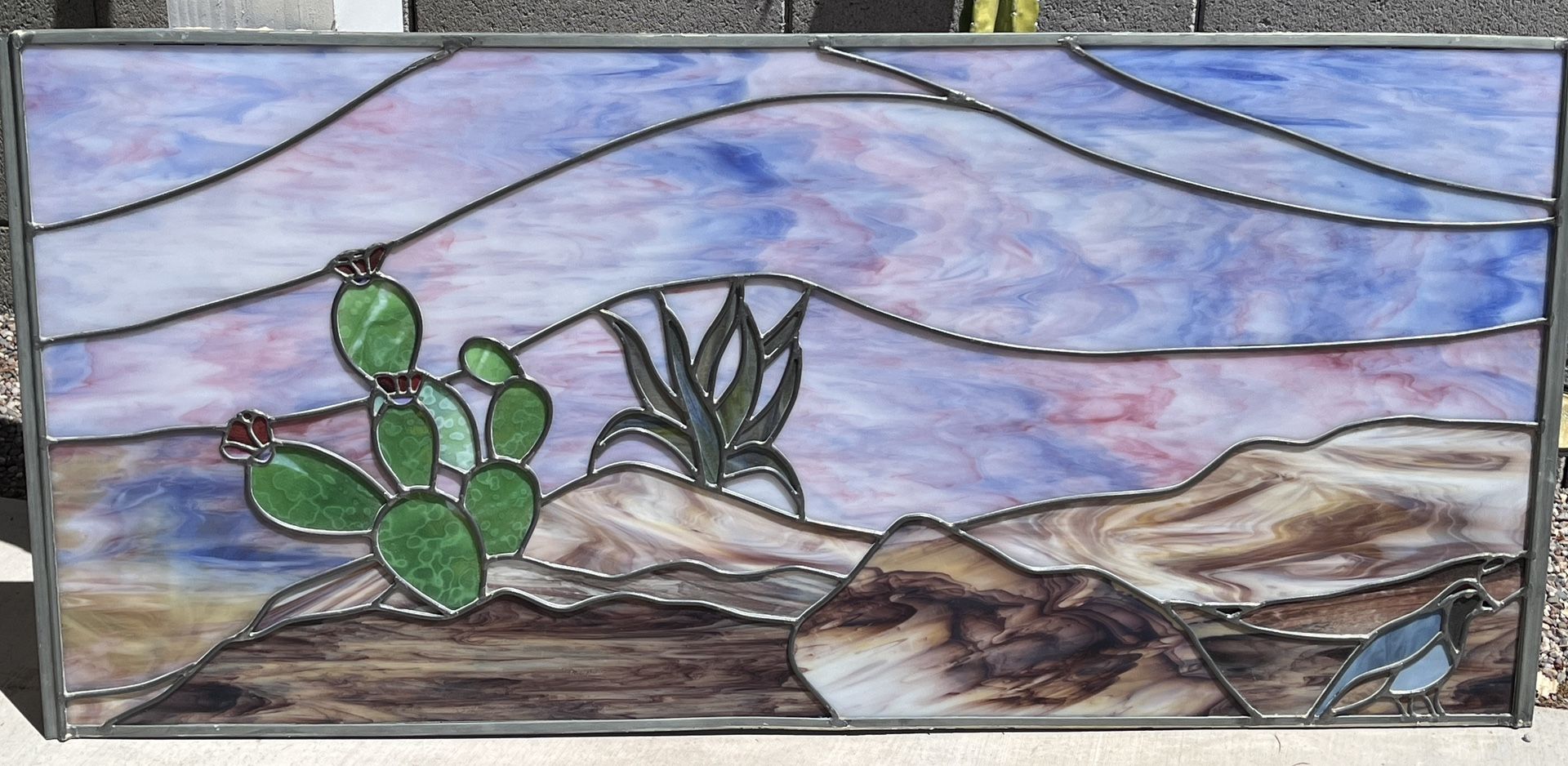  Vintage Large Desert Scene Custom Stained Glass 48”X22” Window Art 