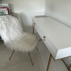 Contemporary Desk/Vanity With Fluffy White Chair