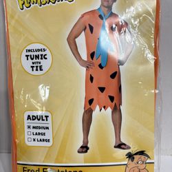 Fred Flintstones Men’s medium Adults Halloween Costume Orange Tunic Blue Tie, The Flintstones, includes 2 pieces Orange/black Tunic with blue tie, new