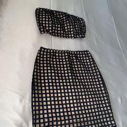 Fashion Nova Crop Halter Top And Gingham Skirt Set Black and Beige Size XS