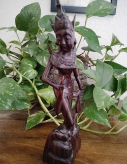 Vintage Signed ADIL BALI Hand Carved Wooden Goddess Statue – Mid-Century Mas Ubud Art Deco Female Deity Sculpture, Dense Dark Hardwood
